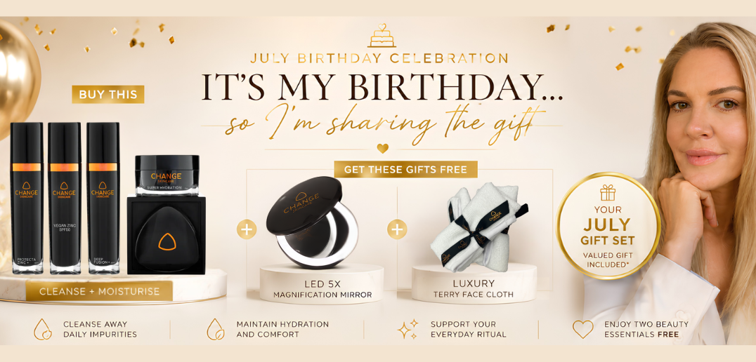 Kim Pinnuck Aesthetics July Birthday Celebration featuring Change Skincare cleanser and moisturiser with complimentary LED magnification mirror and luxury terry face cloth gifts